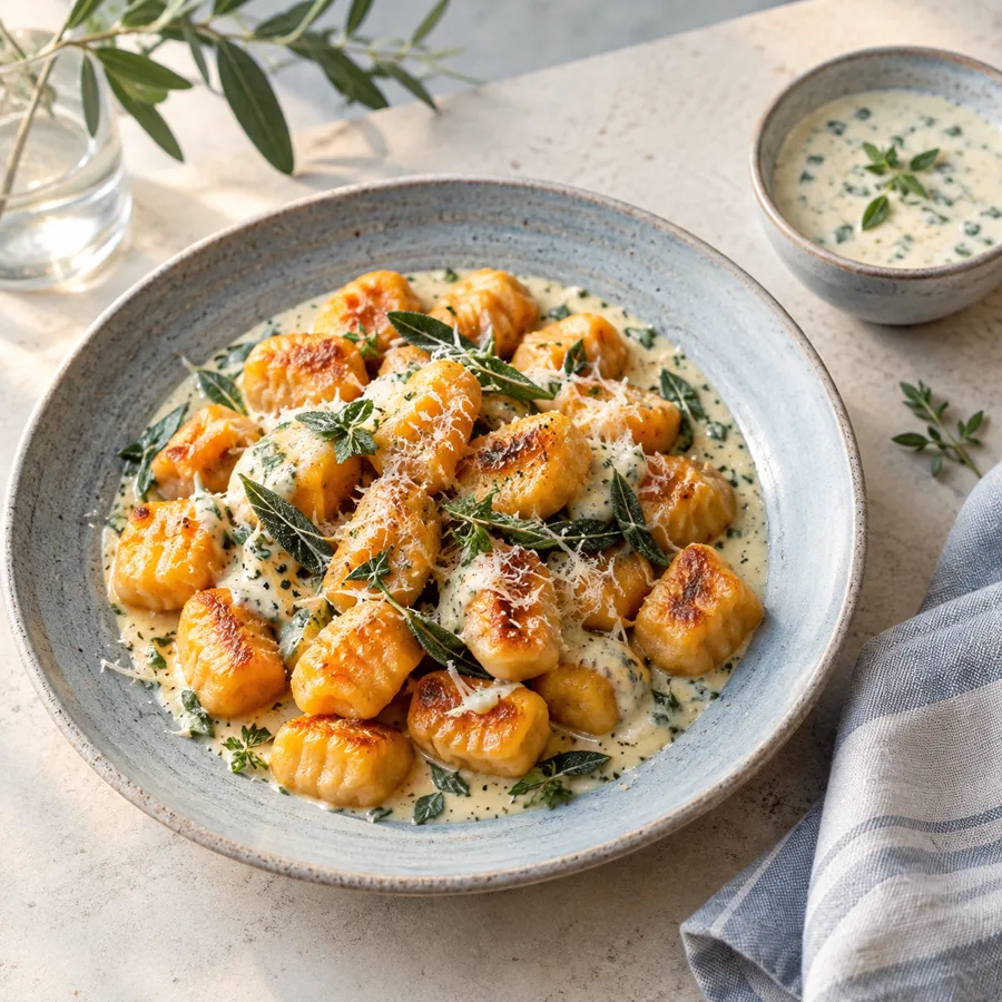 Goldene Gnocchi mit Kräutersauce auf einem Teller